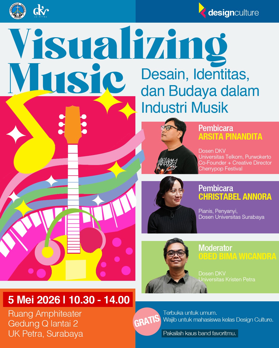 Suasana kuliah tamu Visualizing Music di Amphitheater UK Petra membahas kaitan desain grafis dan industri musik.